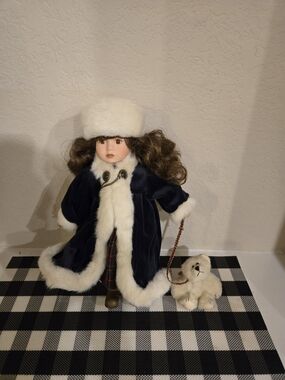 Porcelain Fashion Doll in Navy Blue Coat with White Fur Trim